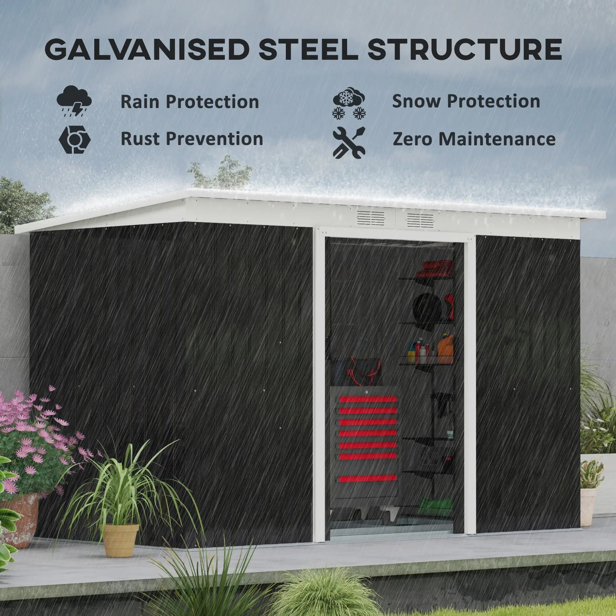 9ft x 4ft Metal Garden Shed, Outdoor Tool House with Foundation Kit, Ventilations and Double Doors, Dark Grey