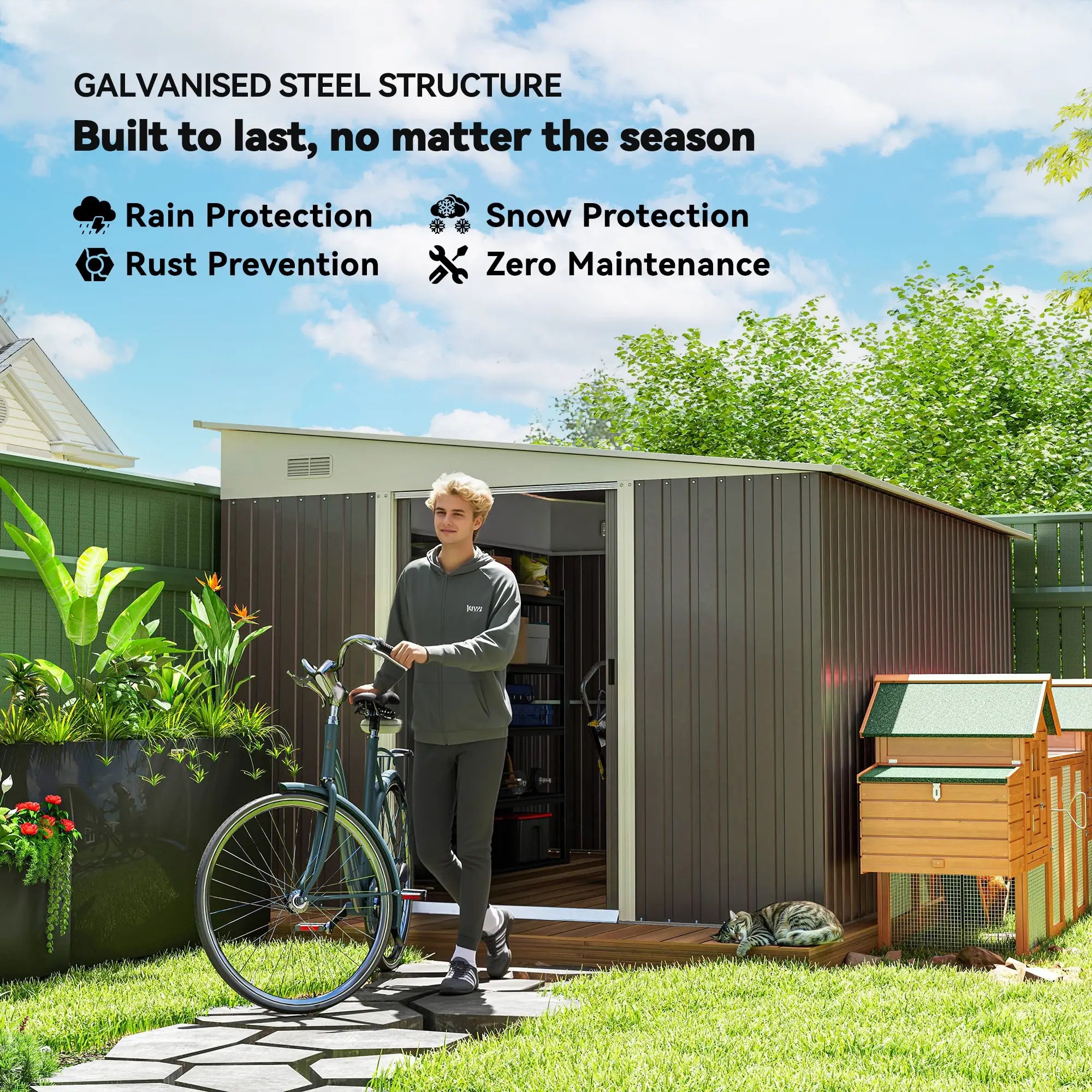 11.3 x 9.2ft Lean to Metal Garden Shed, Outdoor Galvanised Tool Storage House with Double Sliding Doors and 2 Air Vents, Grey
