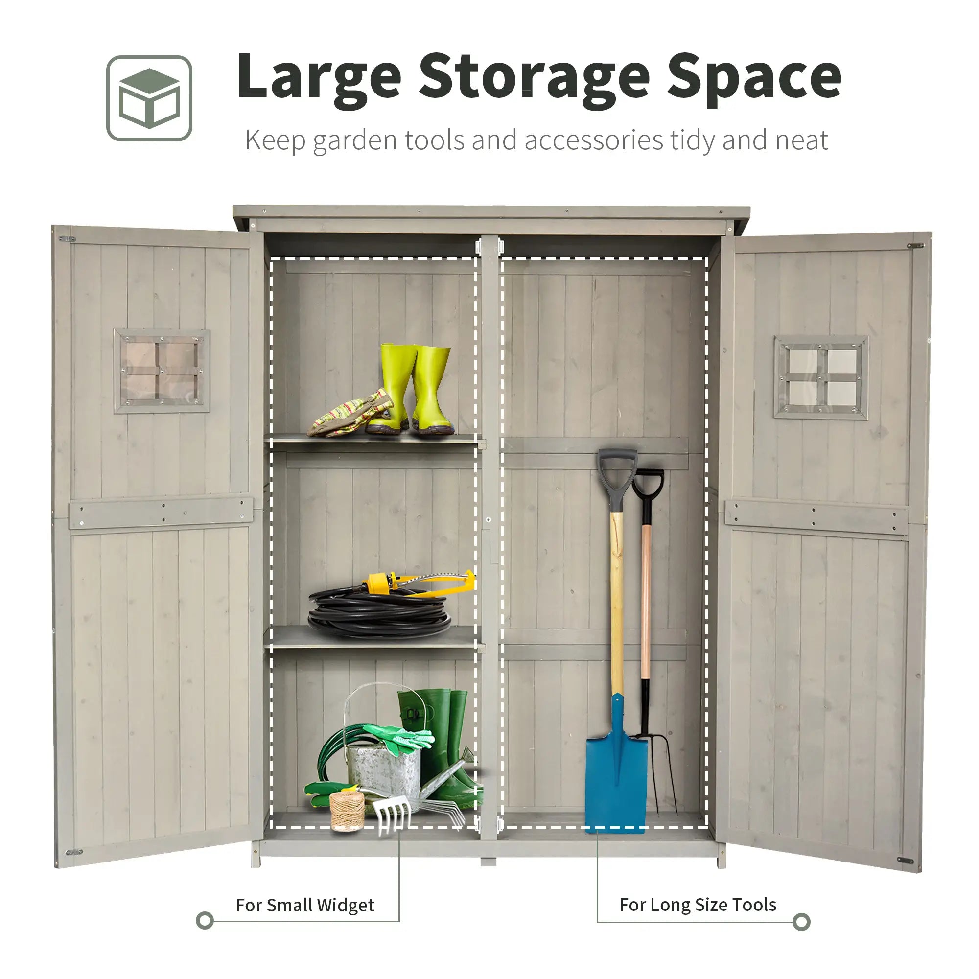 Wooden Garden Shed with Two Windows, Tool Storage Cabinet, Outdoor Double Door Organizer 127.5L x 50W x 164H cm, Grey