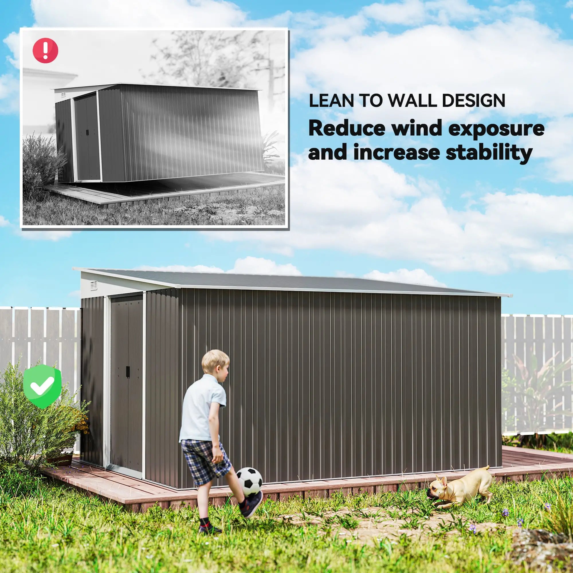 11.3 x 9.2ft Lean to Metal Garden Shed, Outdoor Galvanised Tool Storage House with Double Sliding Doors and 2 Air Vents, Grey