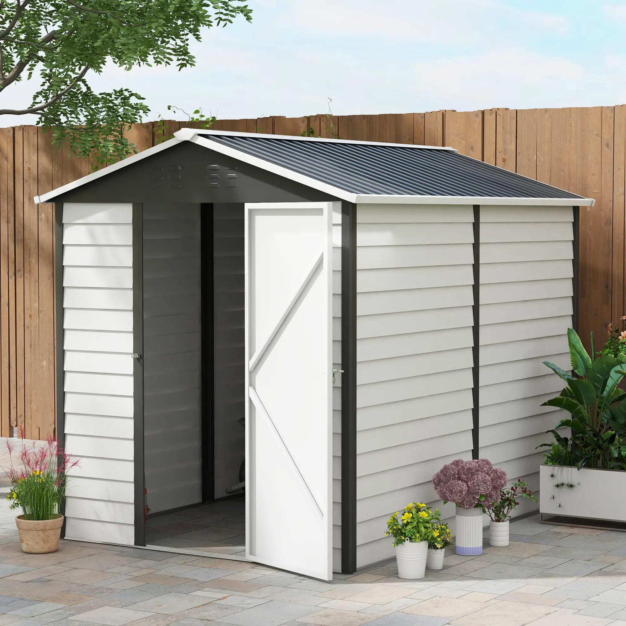 9 x 6FT Metal Outdoor Garden Shed, Galvanised Tool Storage Shed w/ Sloped Roof, Lockable Door for Patio Lawn, Dark Grey