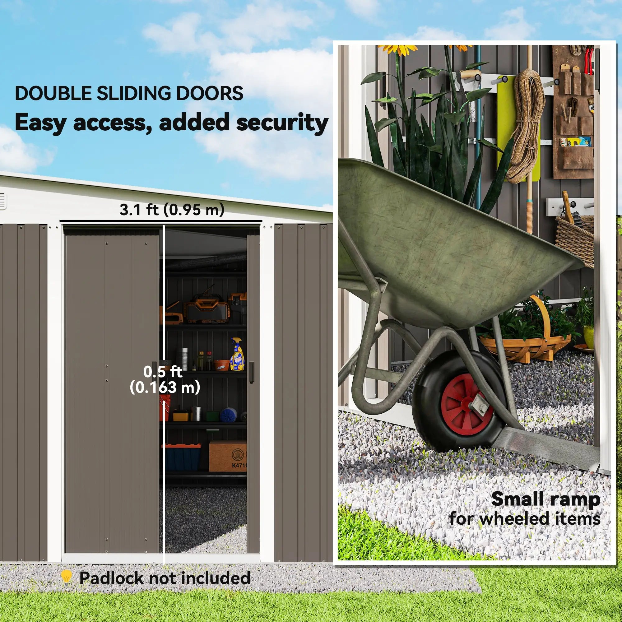 11.3 x 9.2ft Lean to Metal Garden Shed, Outdoor Galvanised Tool Storage House with Double Sliding Doors and 2 Air Vents, Grey