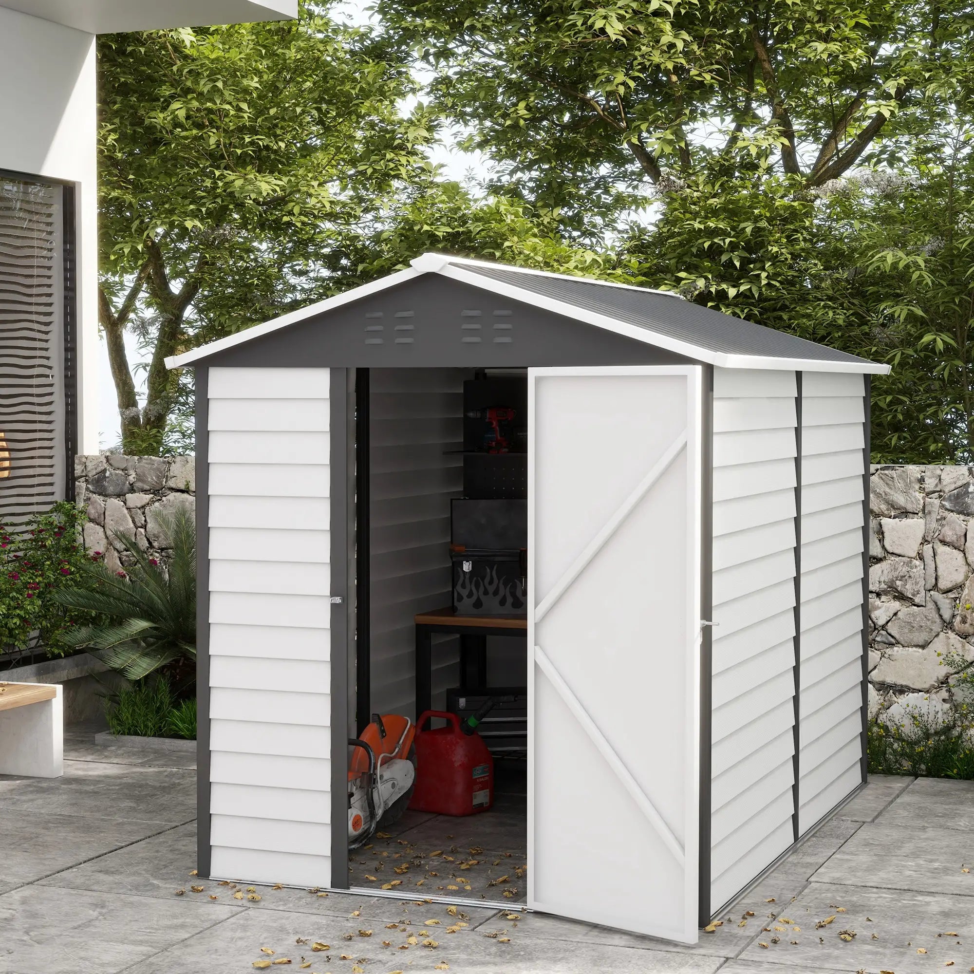 9 x 6FT Metal Outdoor Garden Shed, Galvanised Tool Storage Shed w/ Sloped Roof, Lockable Door for Patio Lawn, Dark Grey