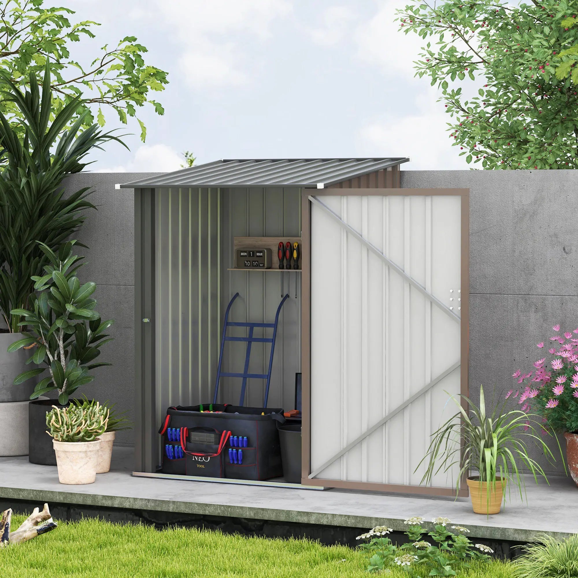 3.3 x 3.4ft Lean To Steel Garden Shed, with Locking Door - Brown/Grey