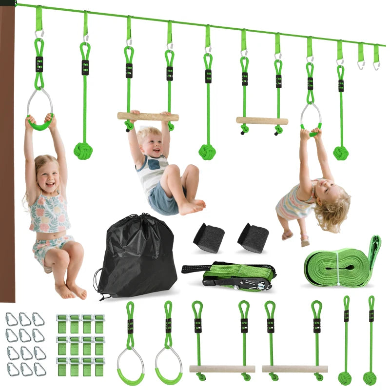 7-Piece Kids Zip Line Kit for Garden, 10m Kids Slackline Kit with Wooden Monkey Bars, Metal Rings, Gripping Balls, Green