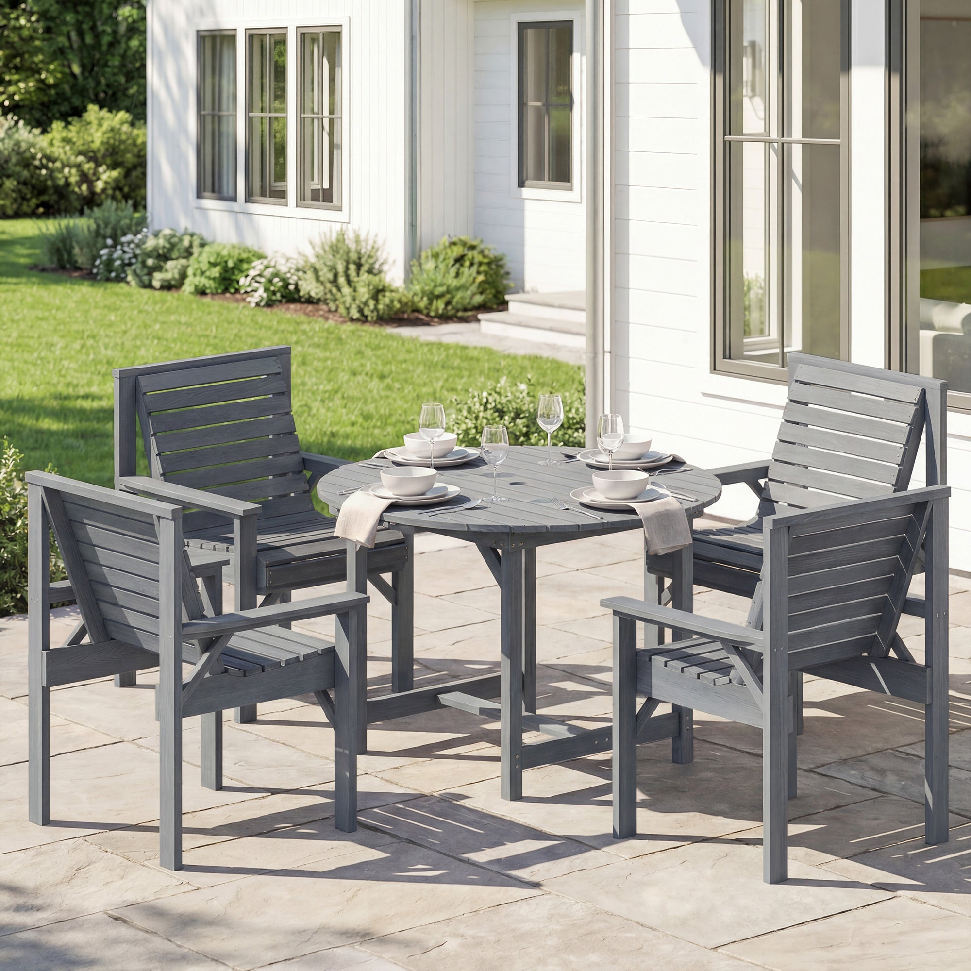Outsunny Garden Dining Set, Round Table and Chairs w/ Parasol Hole, Grey