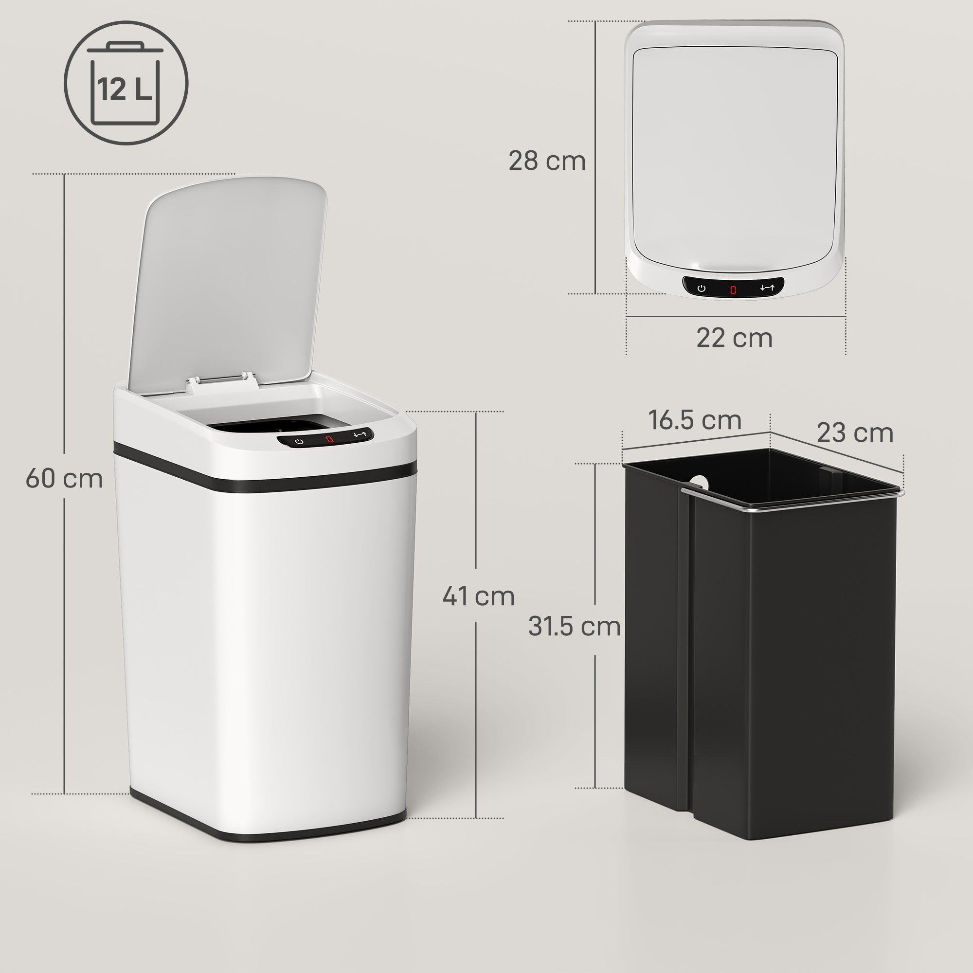 HOMCOM 12L Sensor Bin, Automatic Touchless Motion Sensor Kitchen Bin, White