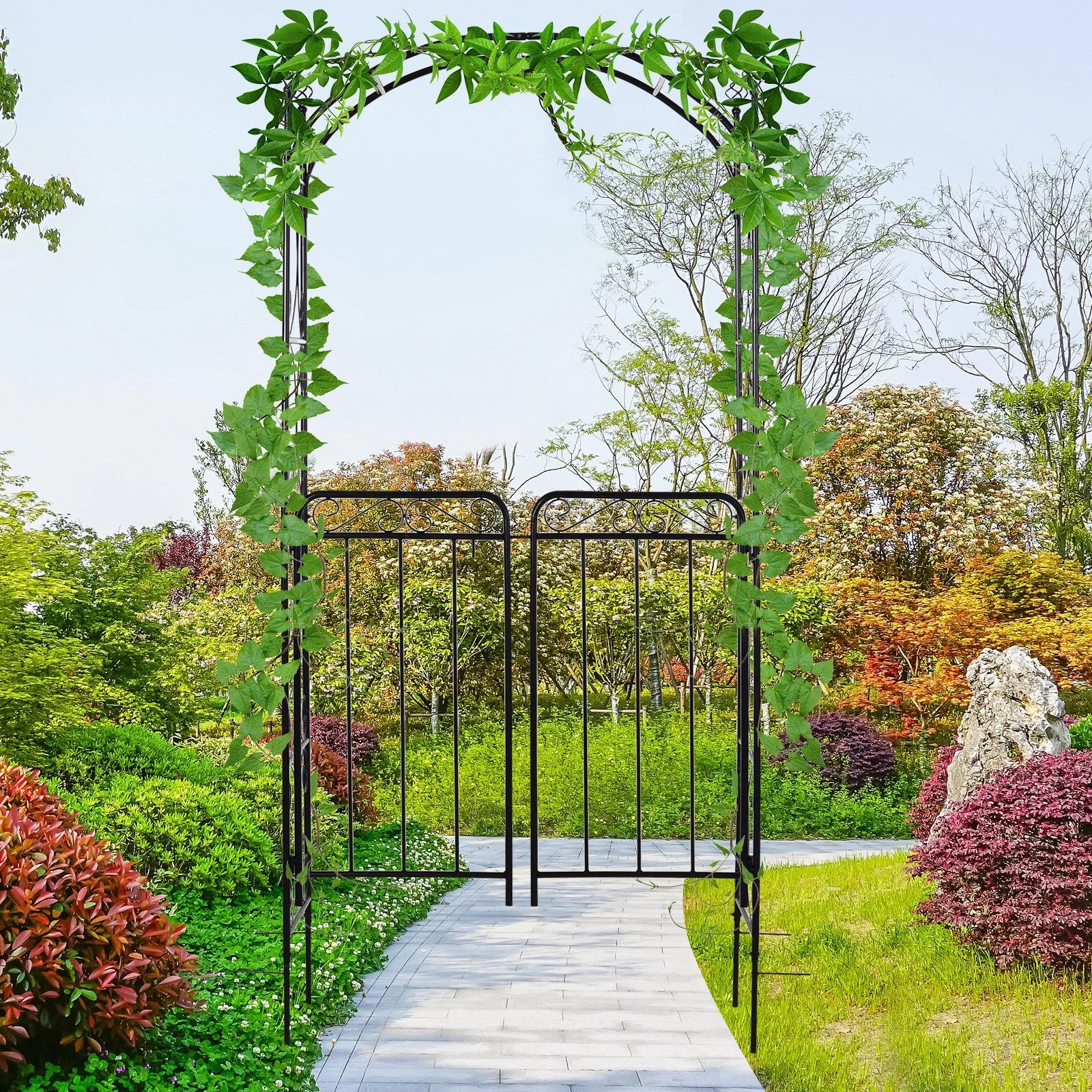 Garden Decorative Metal Arch with Gate Outdoor Patio Trellis Arbor for Climbing Plant Archway Antique Black - 108L x 45W x 215Hcm
