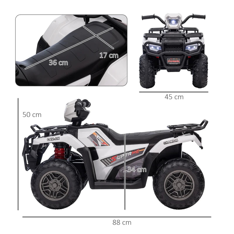 12V Kids Quad Bike with Forward, Reverse Functions, Ride-On ATV w/ Music, LED, Headlights, for Ages 3-5 Years - White