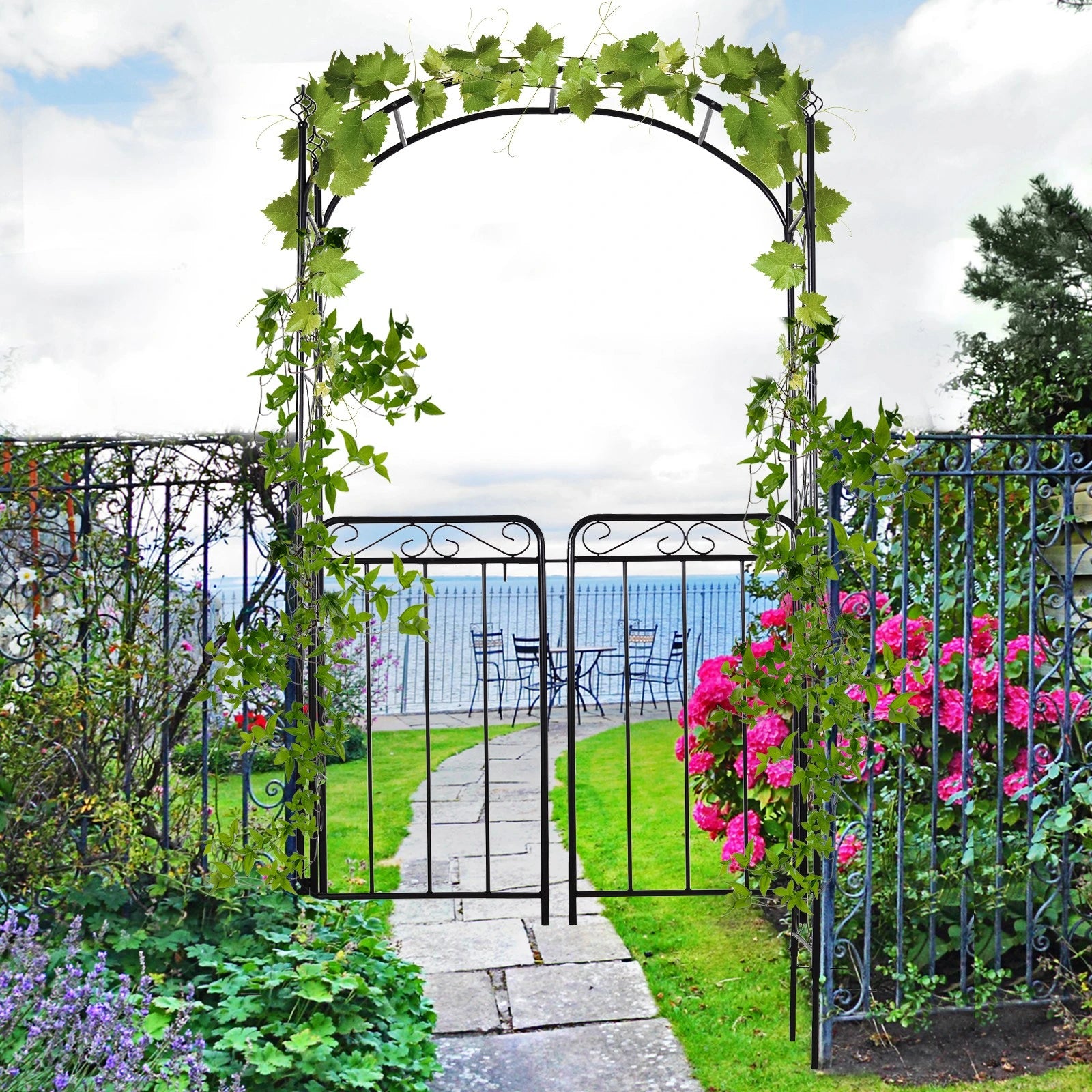 Garden Decorative Metal Arch with Gate Outdoor Patio Trellis Arbor for Climbing Plant Archway Antique Black - 108L x 45W x 215Hcm