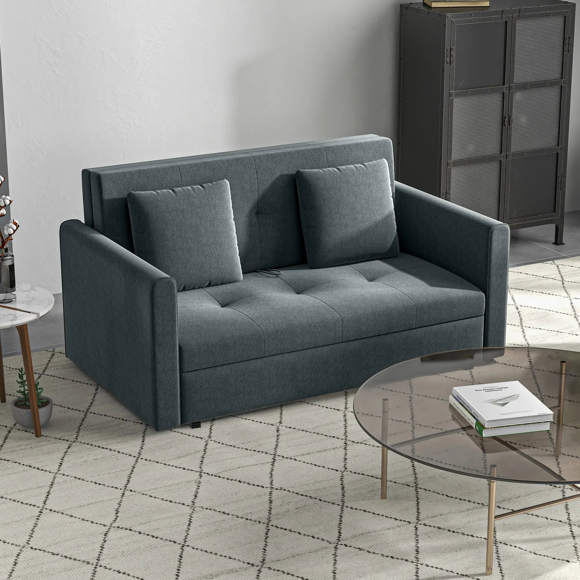 2 Seater Sofa Bed, Convertible Bed Settee, Modern Cotton Loveseat Sofa Couch with 2 Cushions, Hidden Storage for Living Room, Guest Room, Dark Grey