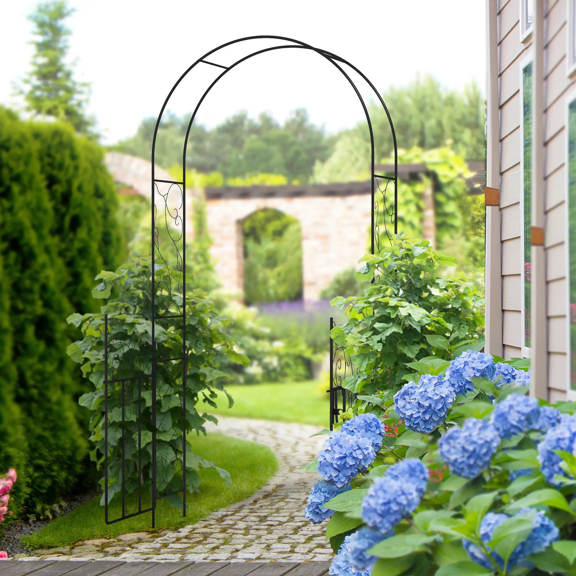 Outdoor Garden Arch with Double Gates, Metal Garden Arbor for Climbing Plants, Roses, Vines, Wedding Arch for Outdoor, 125L x 38W x 227H cm, Black