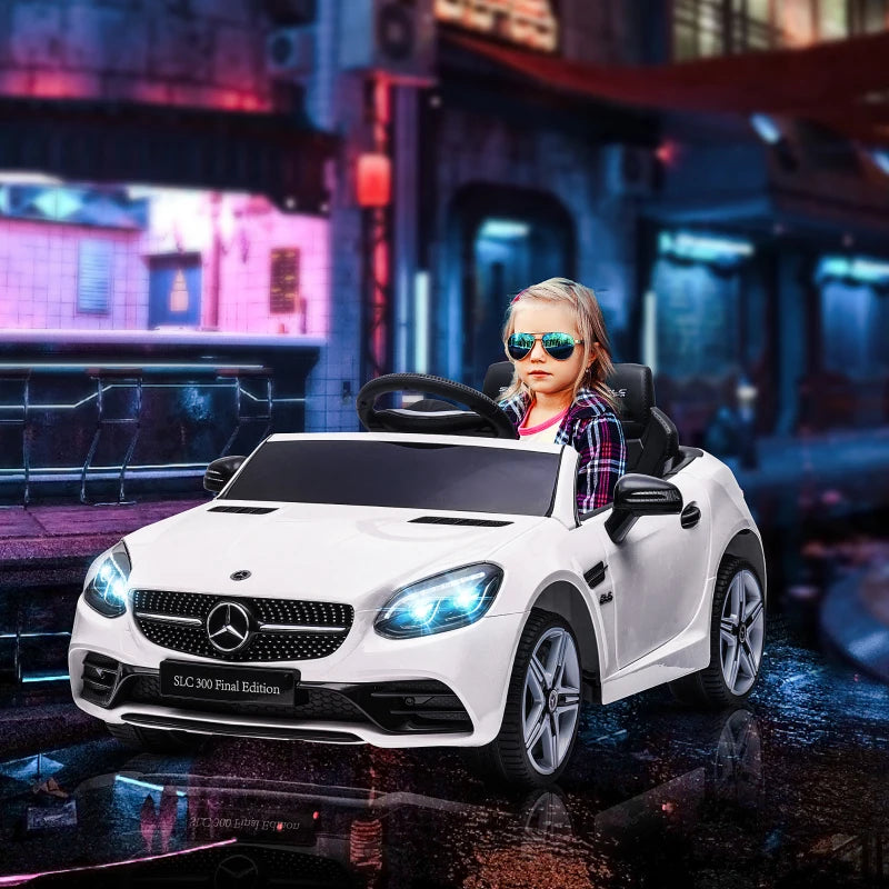 Benz SLC 300 Licensed 12V Kids Electric Ride On, with Music, Remote Control, LED Headlights, Horn, White