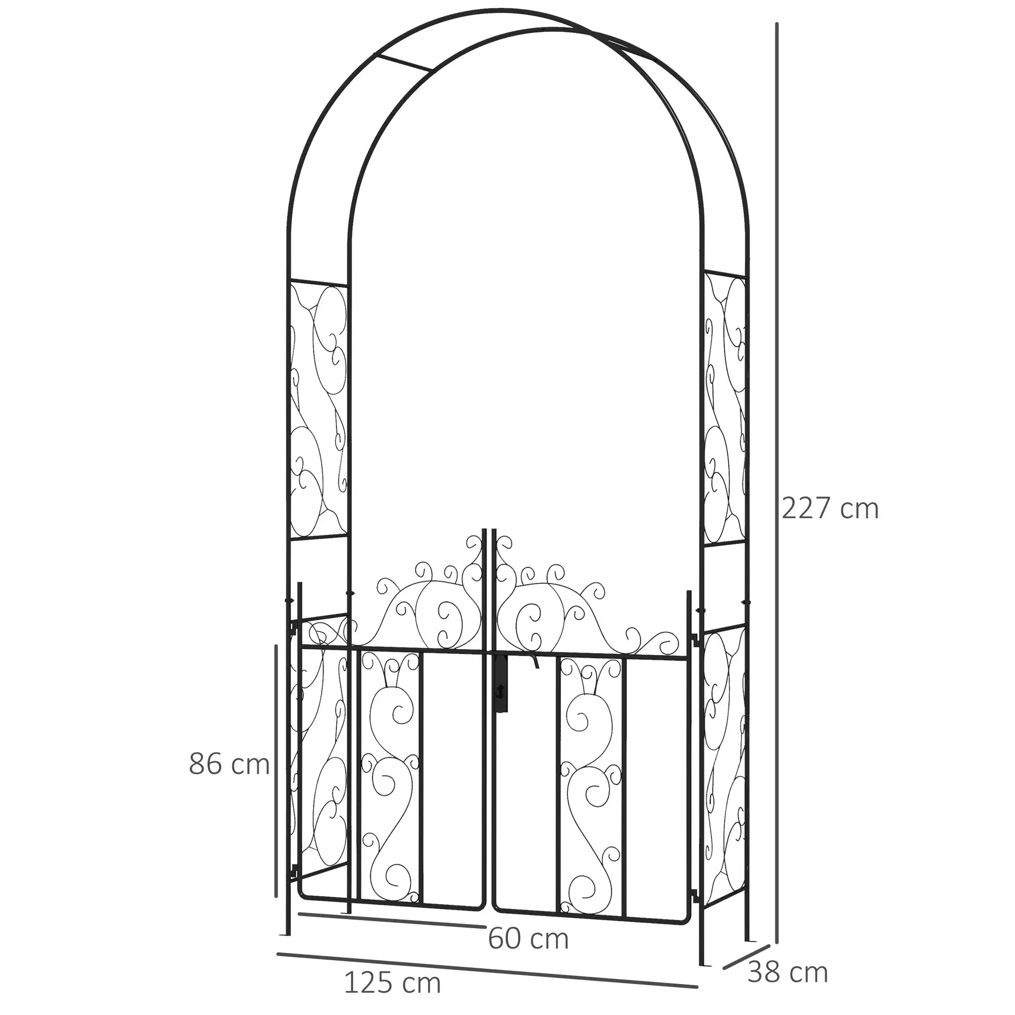 Outdoor Garden Arch with Double Gates, Metal Garden Arbor for Climbing Plants, Roses, Vines, Wedding Arch for Outdoor, 125L x 38W x 227H cm, Black