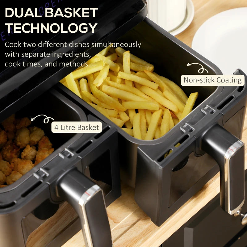 8L Dual Basket Air Fryer, 8-in-1 Air Fryer Oven with Digital Display, Visible, Timer, Preheat for Oil Free Low Fat Cooking, 2500W, Sync Finish, Sliver