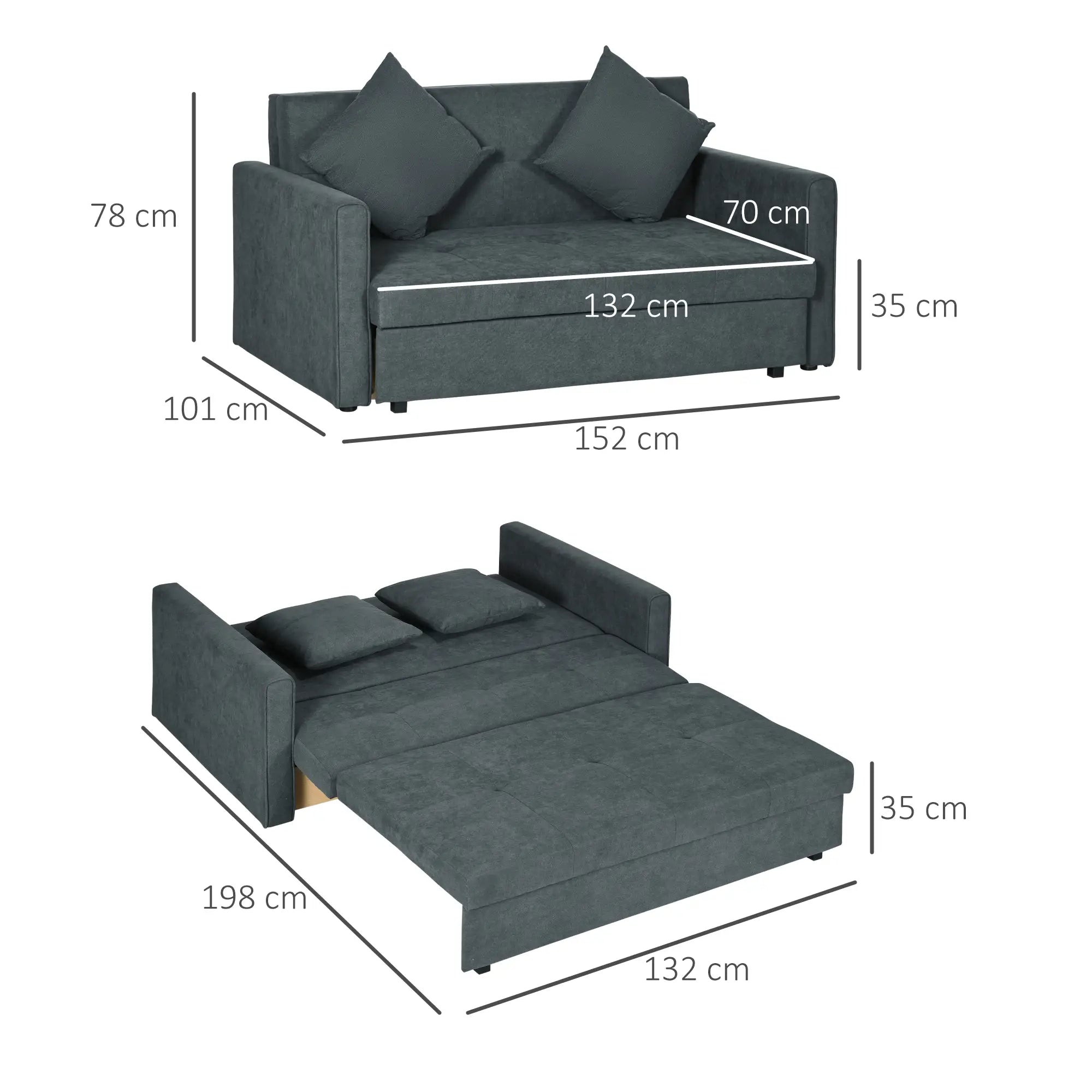 2 Seater Sofa Bed, Convertible Bed Settee, Modern Cotton Loveseat Sofa Couch with 2 Cushions, Hidden Storage for Living Room, Guest Room, Dark Grey