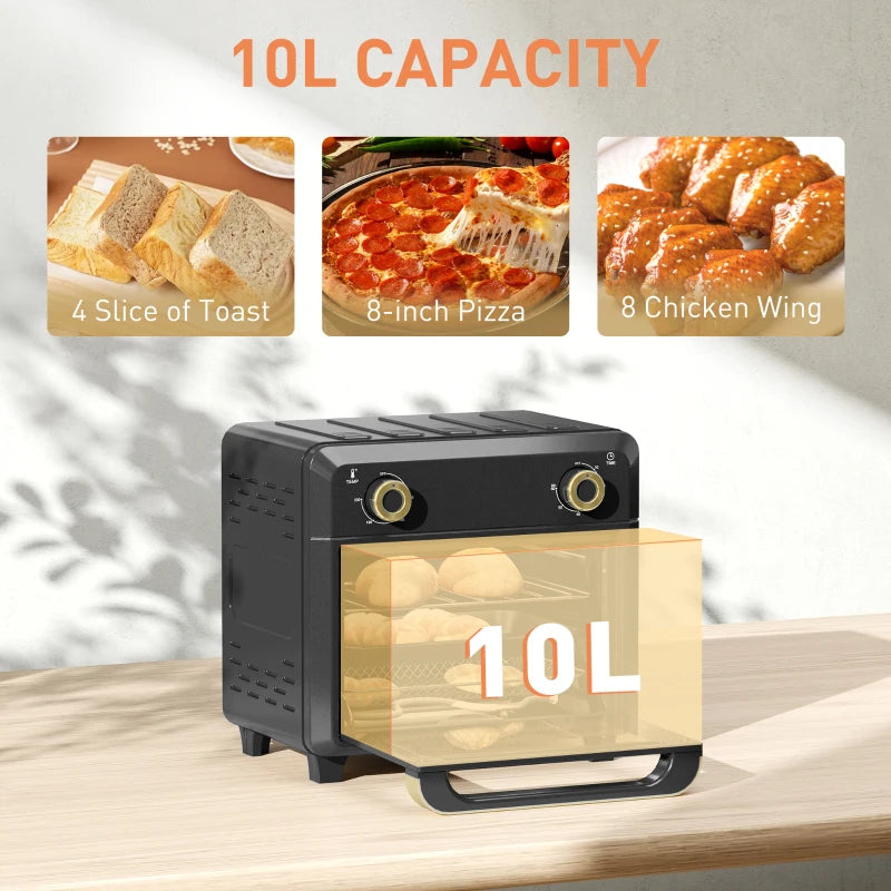 10L Air Fryer Oven, Mini Oven, Oil Free Cooking, Grill, Roast, Bake, with Adjustable Temperature, Timer, Dishwasher Safe, 1000W, Black