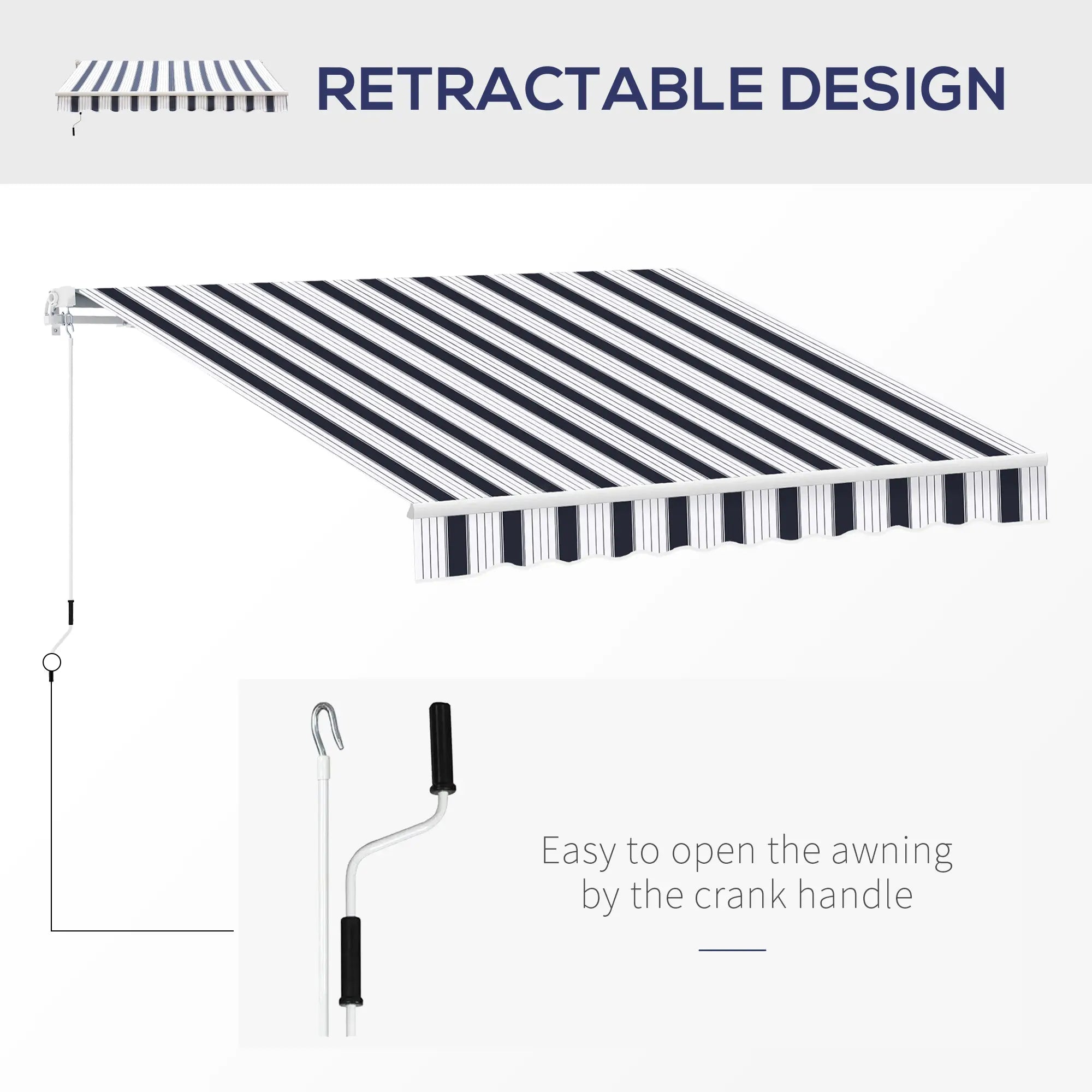 Manual Retractable Awning, 2.5x2 m-Dark Blue/White Stripes