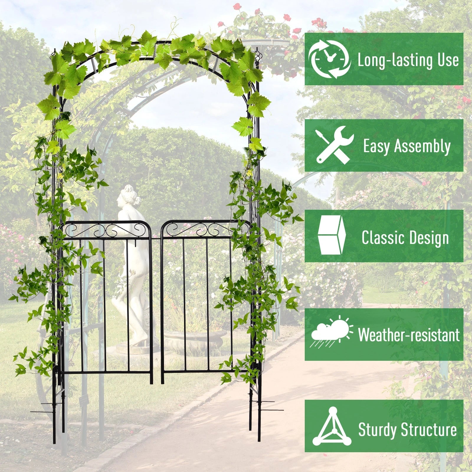 Garden Decorative Metal Arch with Gate Outdoor Patio Trellis Arbor for Climbing Plant Archway Antique Black - 108L x 45W x 215Hcm