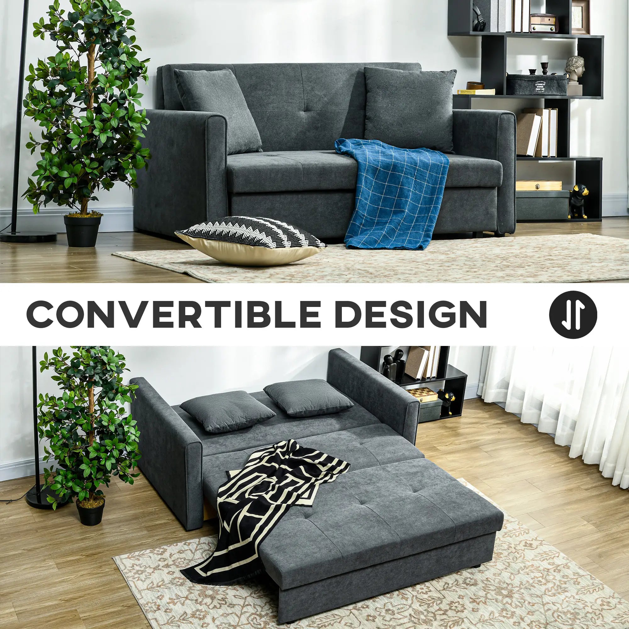 2 Seater Sofa Bed, Convertible Bed Settee, Modern Cotton Loveseat Sofa Couch with 2 Cushions, Hidden Storage for Living Room, Guest Room, Dark Grey