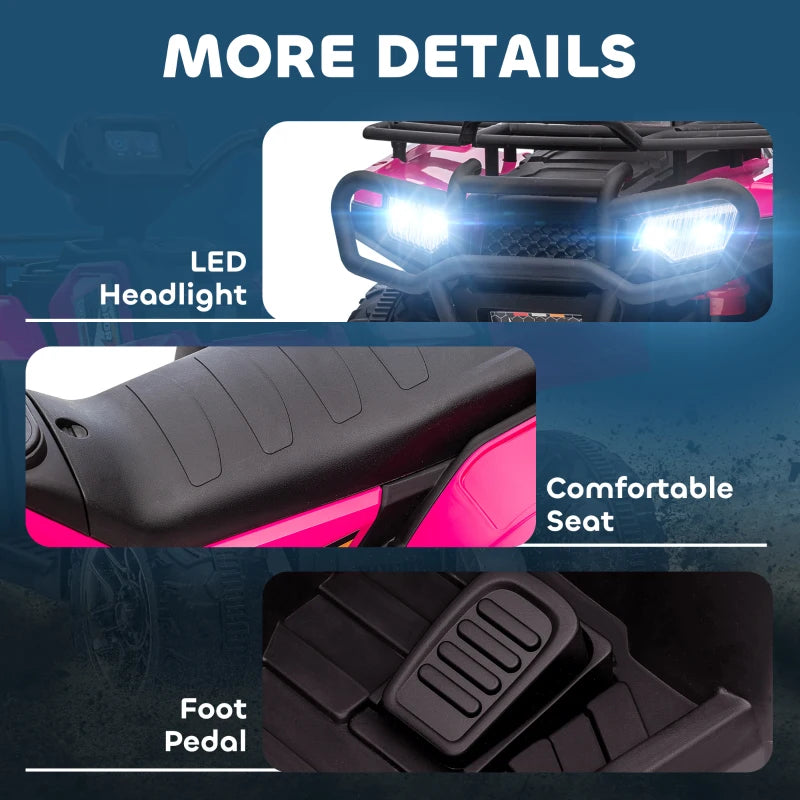 12V Kids Quad Bike with Forward, Reverse Functions, Ride-On ATV w/ Music, LED, Headlights, for Ages 3-5 Years - Pink