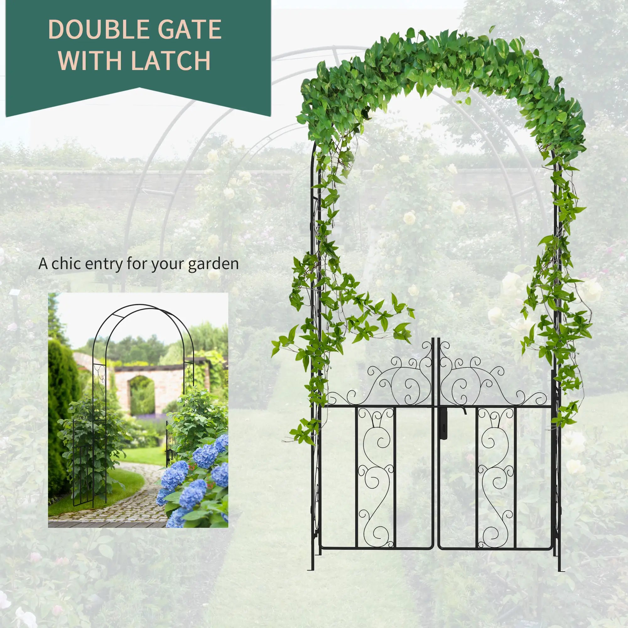 Outdoor Garden Arch with Double Gates, Metal Garden Arbor for Climbing Plants, Roses, Vines, Wedding Arch for Outdoor, 125L x 38W x 227H cm, Black