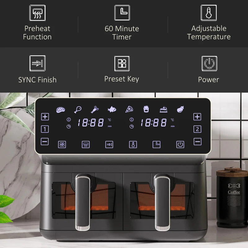 8L Dual Basket Air Fryer, 8-in-1 Air Fryer Oven with Digital Display, Visible, Timer, Preheat for Oil Free Low Fat Cooking, 2500W, Sync Finish, Sliver