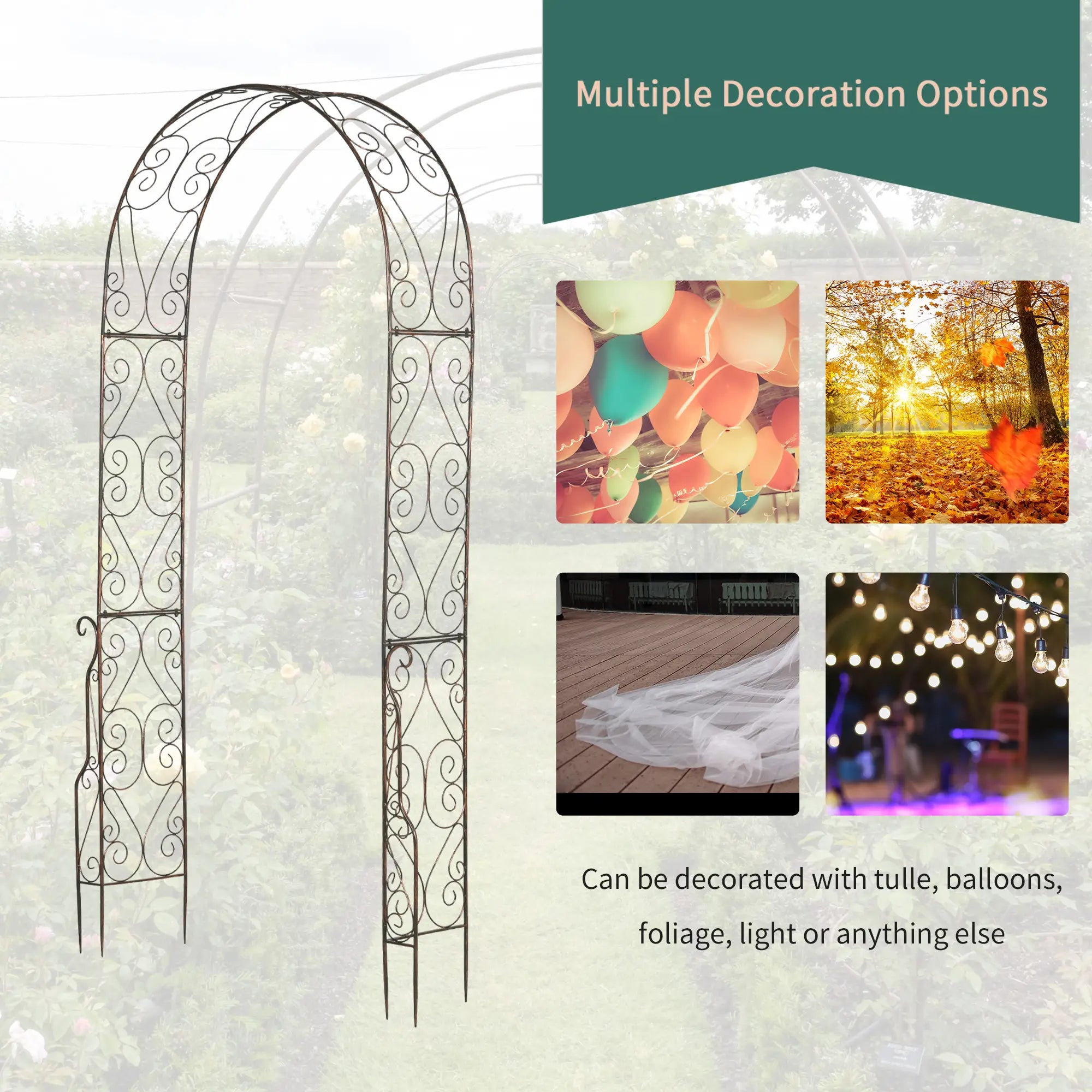 Metal Garden Arch Trellis, Decorative Arbour Archway for Walkway Path Ceremony Wedding Party, 120 x 30 x 226cm