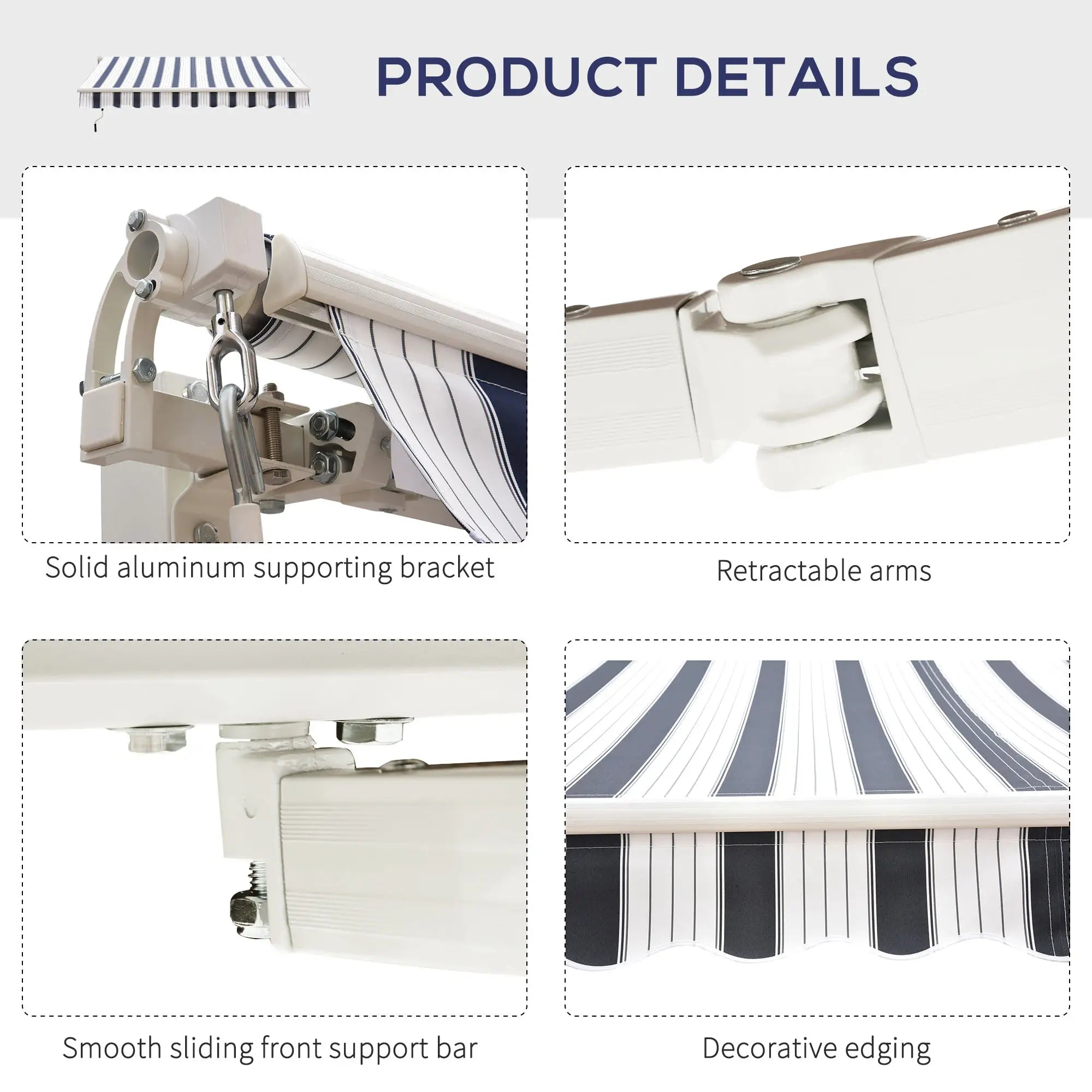 Manual Retractable Awning, 2.5x2 m-Dark Blue/White Stripes