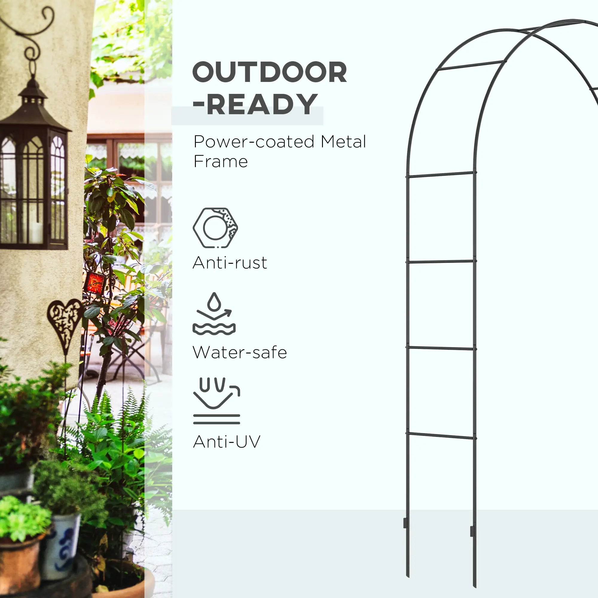 Outdoor Garden Arch, Metal Garden Arbor for Climbing Plants, Roses, Vines, Wedding Arch for Outdoor, 140L x 40W x 240H cm, Black