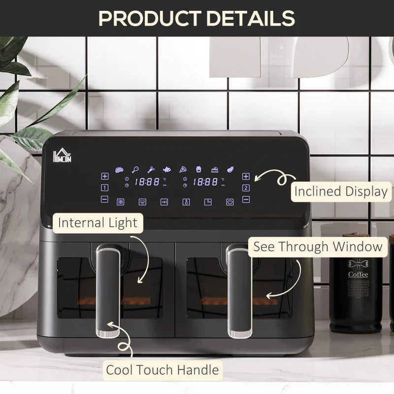 8L Dual Basket Air Fryer, 8-in-1 Air Fryer Oven with Digital Display, Visible, Timer, Preheat for Oil Free Low Fat Cooking, 2500W, Sync Finish, Sliver