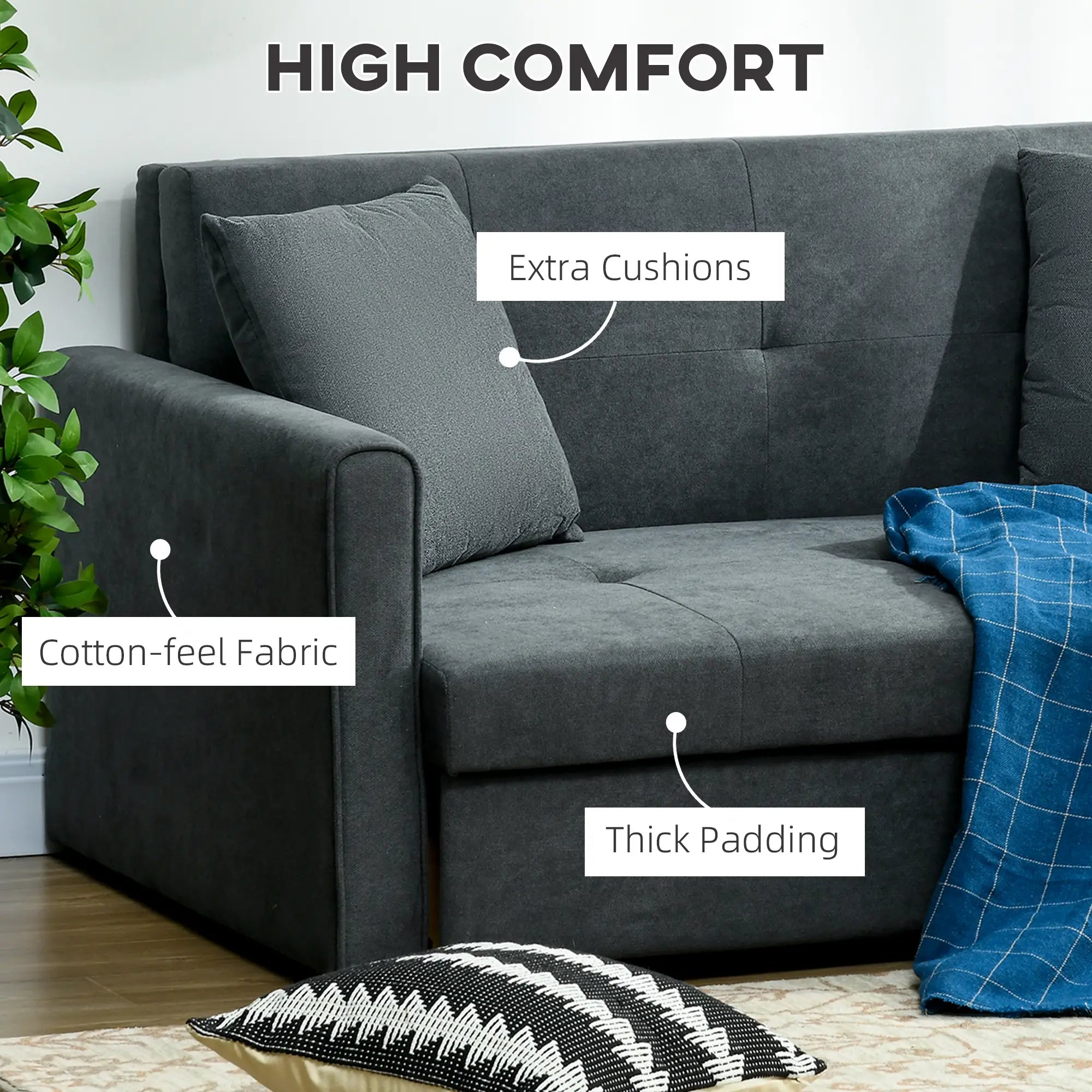 2 Seater Sofa Bed, Convertible Bed Settee, Modern Cotton Loveseat Sofa Couch with 2 Cushions, Hidden Storage for Living Room, Guest Room, Dark Grey