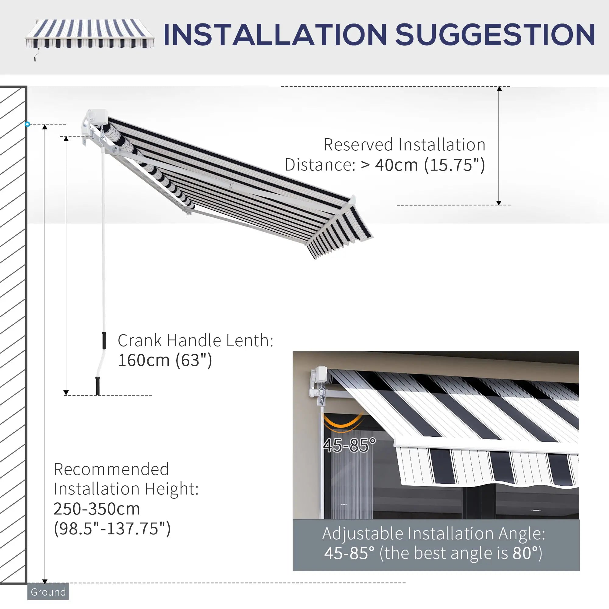 Manual Retractable Awning, 2.5x2 m-Dark Blue/White Stripes