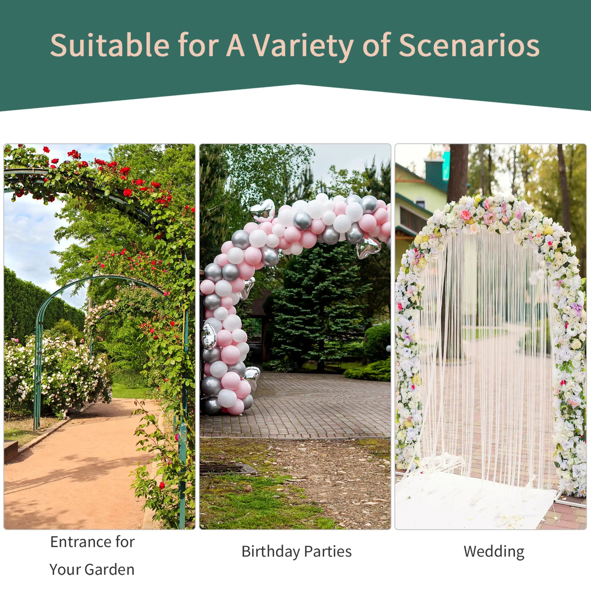 Metal Garden Arch Trellis, Decorative Arbour Archway for Walkway Path Ceremony Wedding Party, 120 x 30 x 226cm