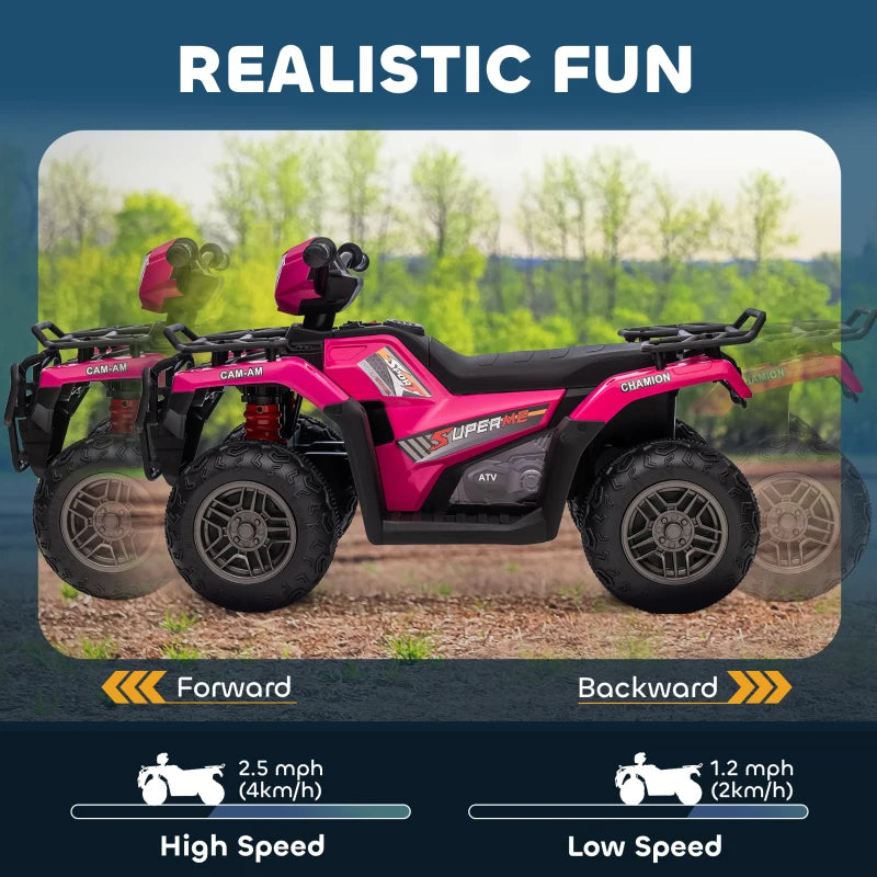 12V Kids Quad Bike with Forward, Reverse Functions, Ride-On ATV w/ Music, LED, Headlights, for Ages 3-5 Years - Pink