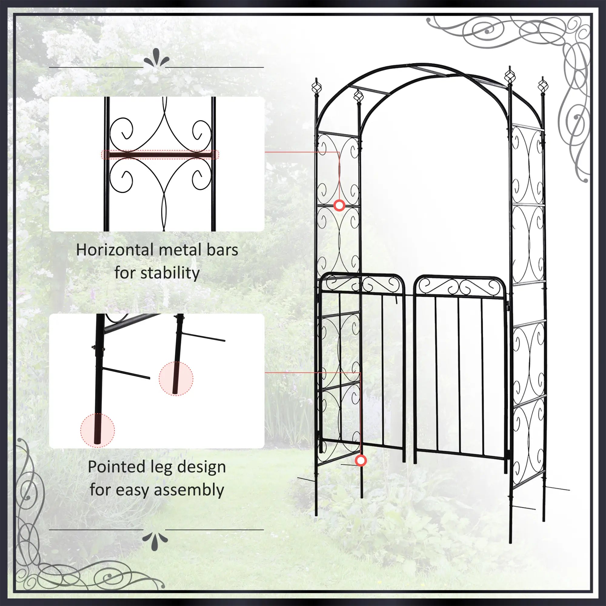 Garden Decorative Metal Arch with Gate Outdoor Patio Trellis Arbor for Climbing Plant Archway Antique Black - 108L x 45W x 215Hcm