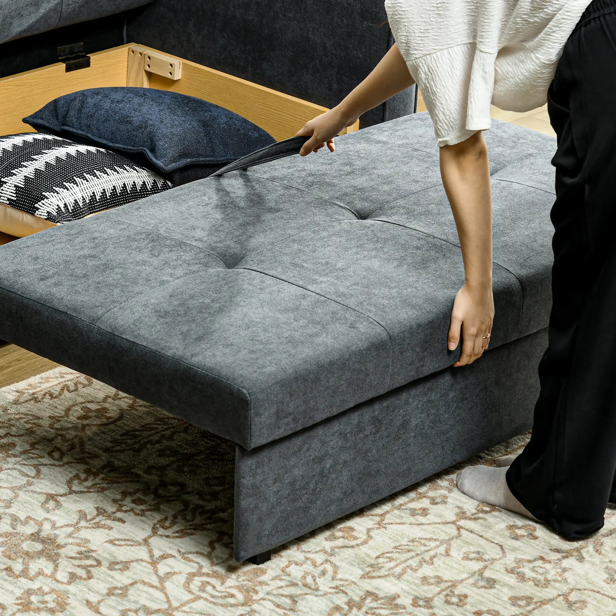 2 Seater Sofa Bed, Convertible Bed Settee, Modern Cotton Loveseat Sofa Couch with 2 Cushions, Hidden Storage for Living Room, Guest Room, Dark Grey