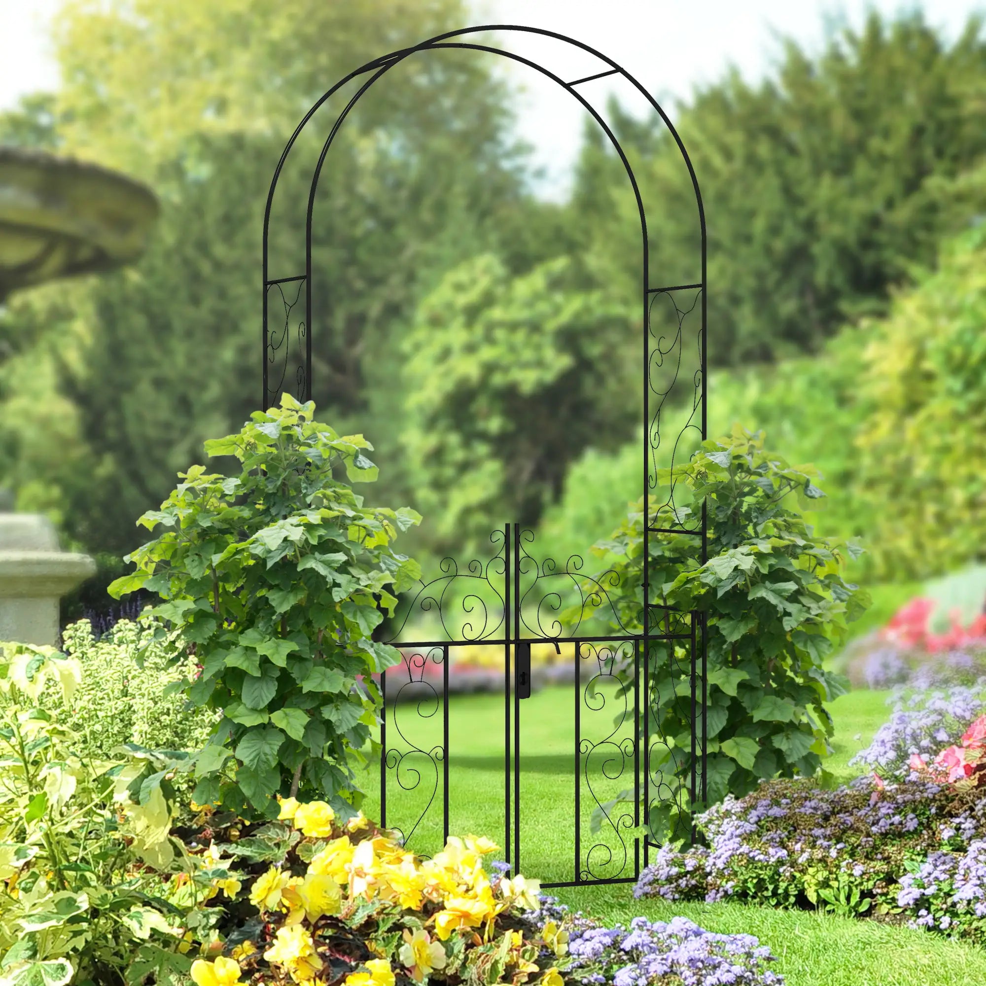 Outdoor Garden Arch with Double Gates, Metal Garden Arbor for Climbing Plants, Roses, Vines, Wedding Arch for Outdoor, 125L x 38W x 227H cm, Black