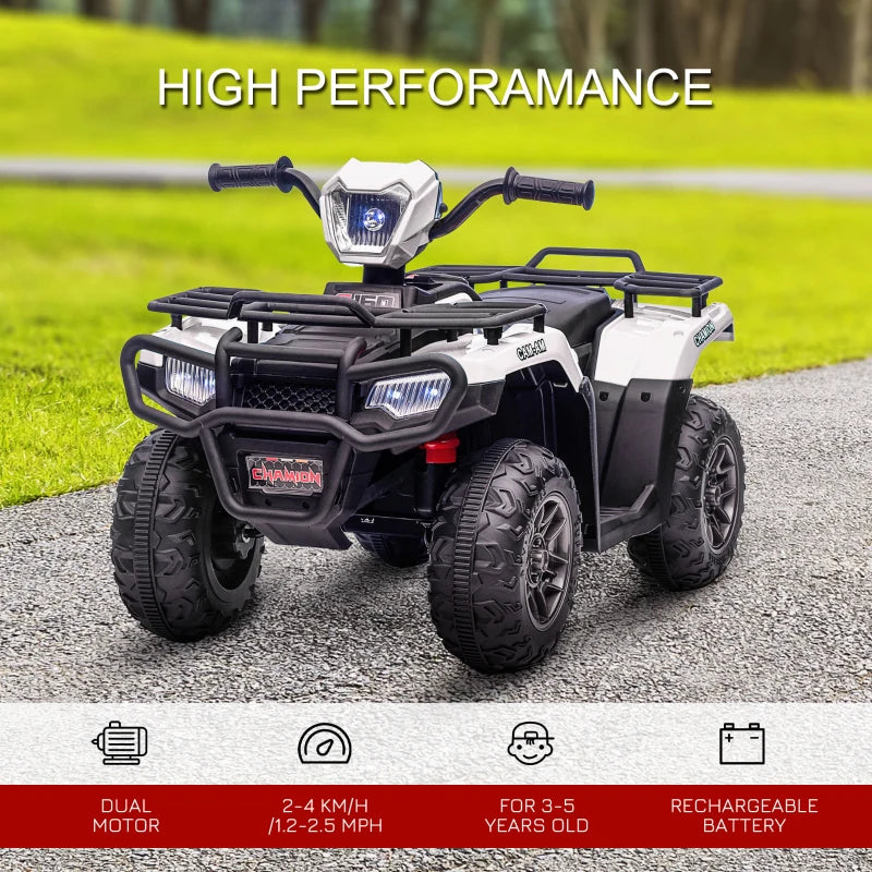 12V Kids Quad Bike with Forward, Reverse Functions, Ride-On ATV w/ Music, LED, Headlights, for Ages 3-5 Years - White