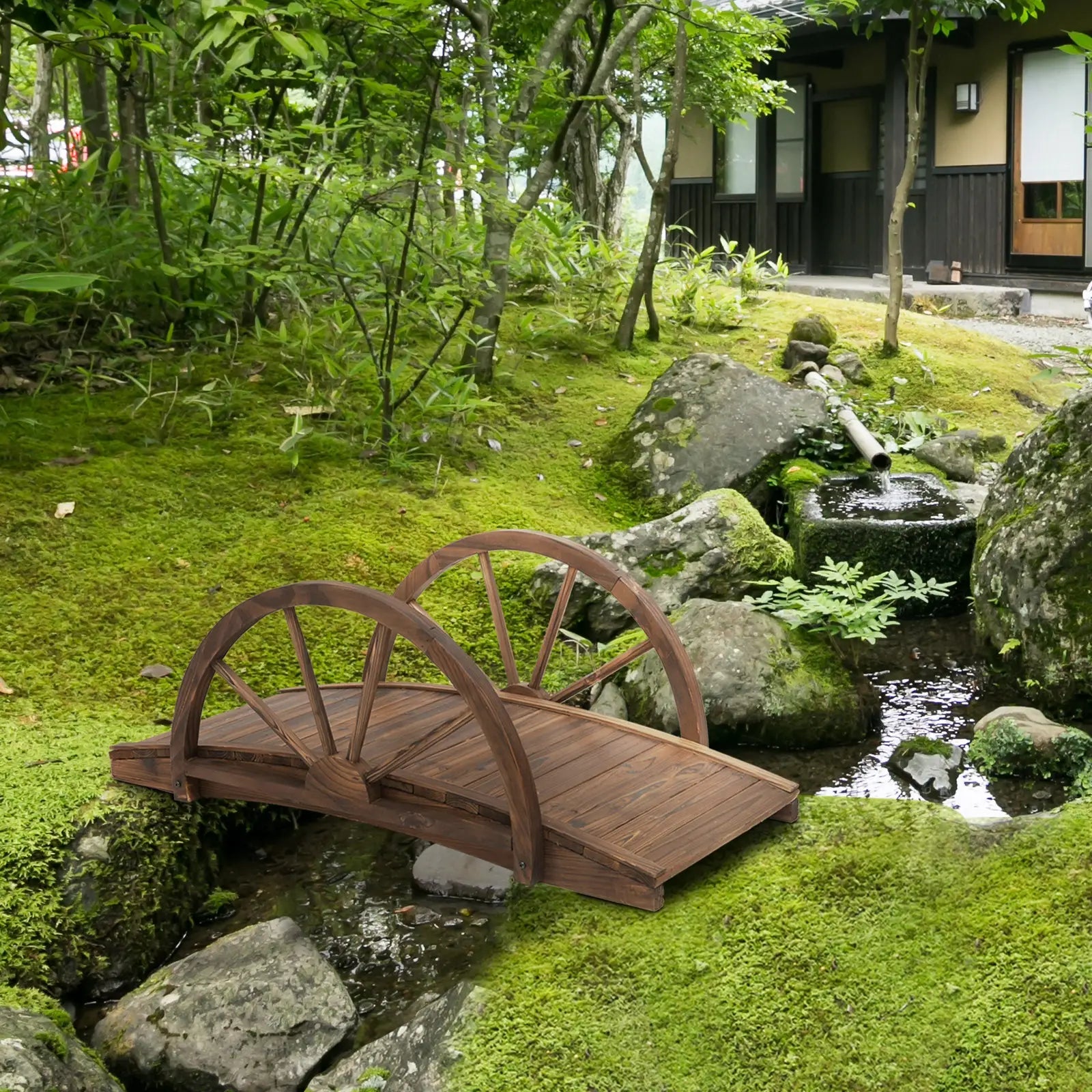 Wooden Garden Bridge Lawn Décor Stained Finish Arc Outdoor Pond WalkwayYard Decoration Half Wheeled Railings 100L x 50W x 37Hcm