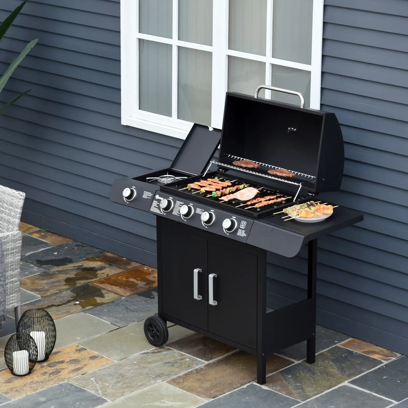 4+1 Burner Gas BBQ Grill, Outdoor Barbecue Trolley with Wheels, Warming Rack, Side Shelves, Cabinet, Thermometer for Garden, Party, Camping, 125 L x 51 W x 100 H cm, Black