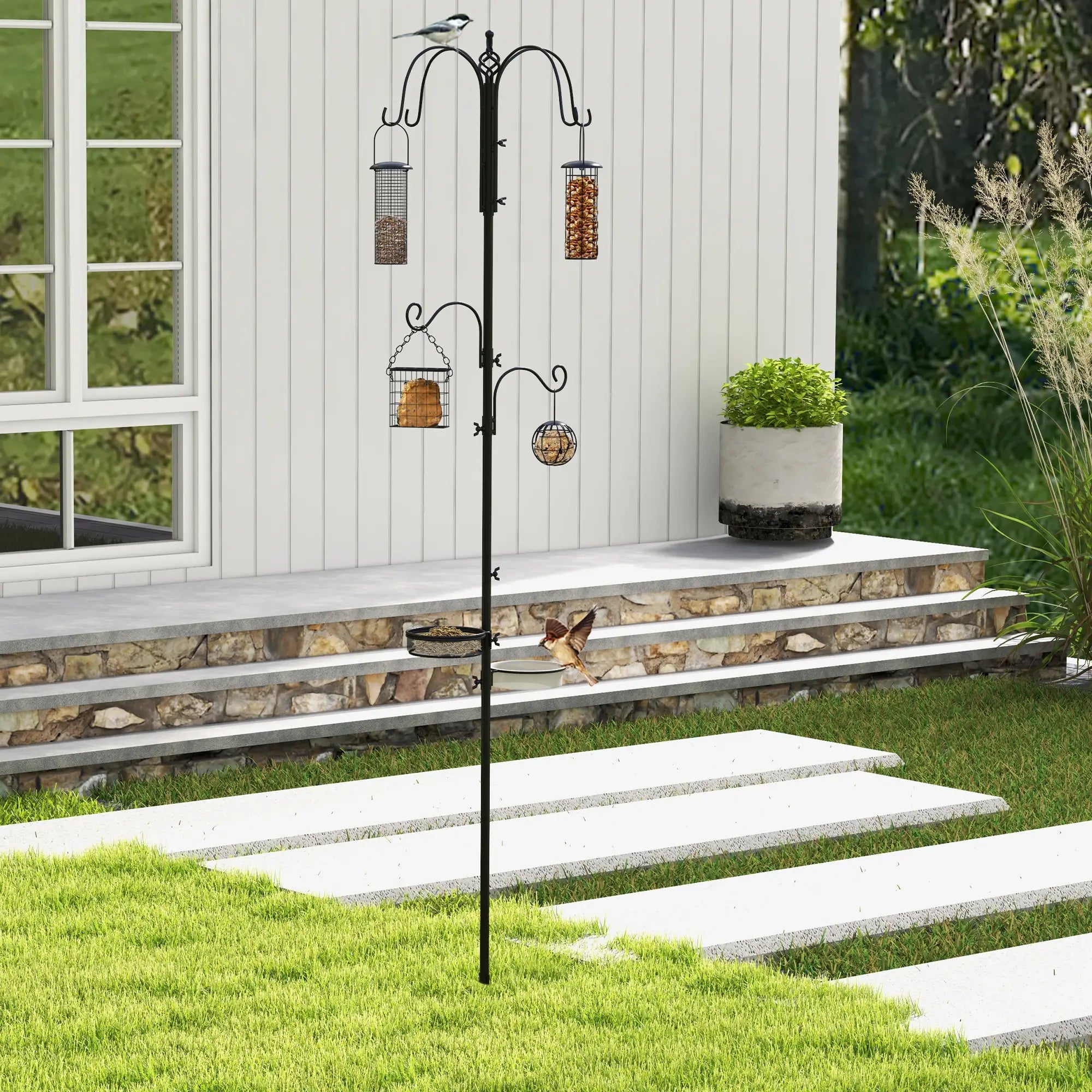 Bird Feeding Station Kit, Wild Bird Feeder Pole with 6 Hooks, 4 Hanging Feeders for Peanuts, Seed, Fat Balls, for Garden, Outdoor, Black