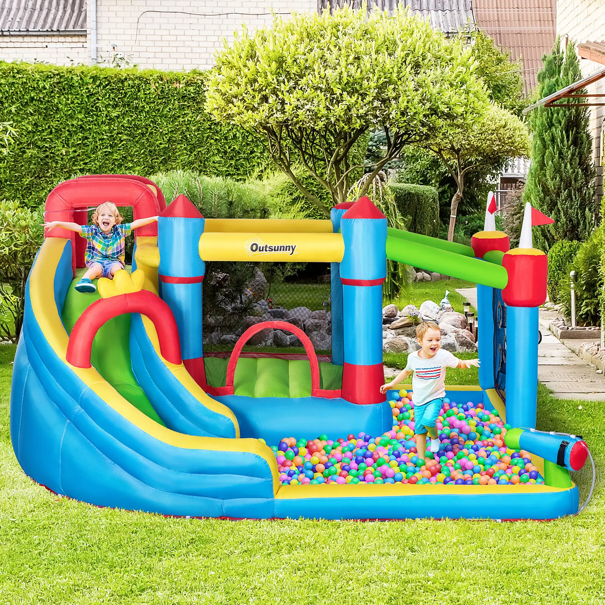 Kids Inflatable Bouncy Castle Water Slide 6 in 1 Bounce House Jumping Castle Water Gun Climbing Wall with Air Blower for Age 3-8, 3.9 x 3 x 2m