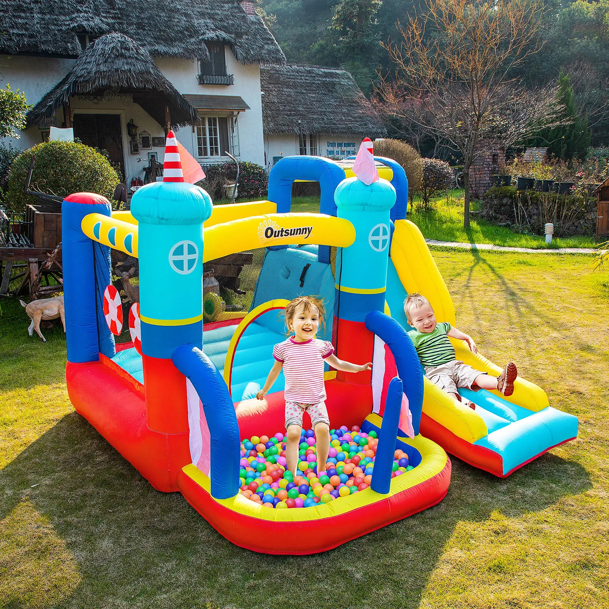 4 in 1 Kids Bouncy Castle Large Sailboat Style Inflatable House Slide Trampoline Water Pool Climbing Wall with Blower Carrybag for Kids Age 3-8, 2.65 x 2.6 x 2m