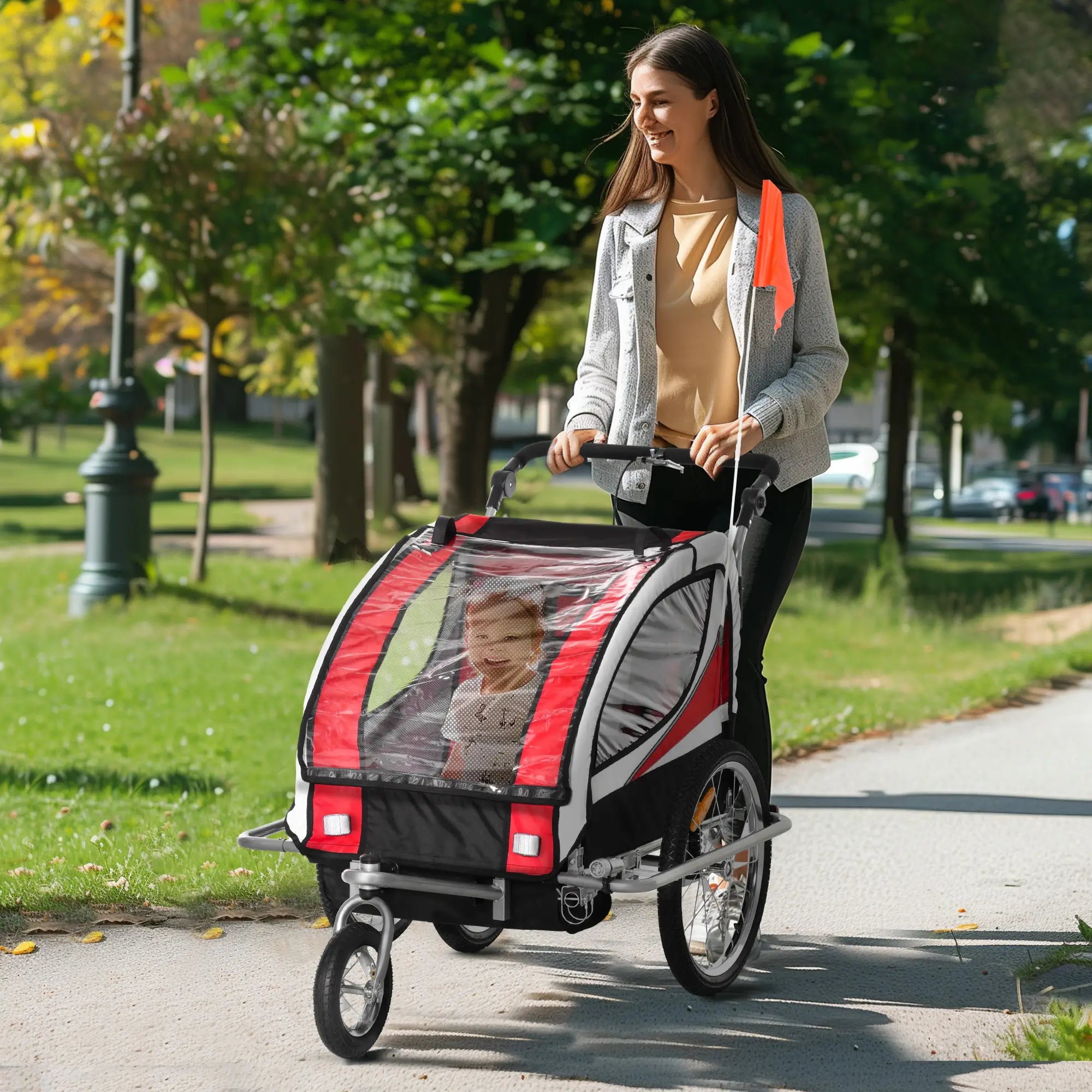 Baby Bike Trailer, Child Bicycle Trailer with 5 Point Harness, Steel Frame, Reflectors, Safety Flag, Hitch Coupler, Red