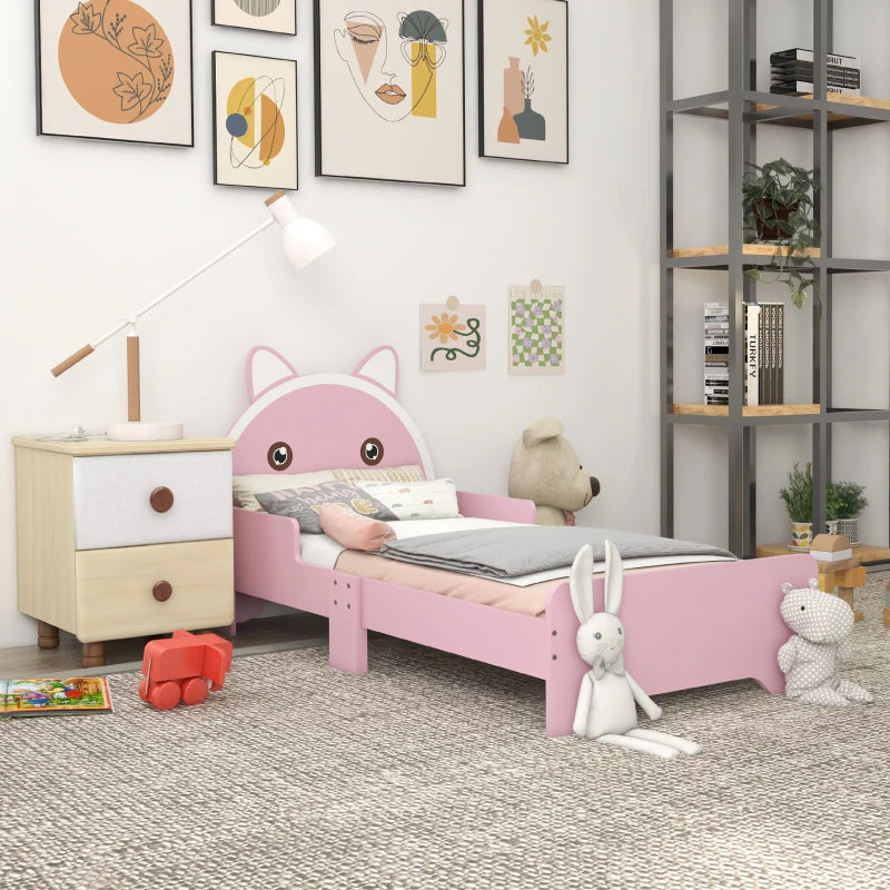 Bed for Kids Cat Design Toddler Bed Frame Bedroom Furniture with Guardrails, for 3-6 Years, 143L x 74W x 72Hcm - Pink