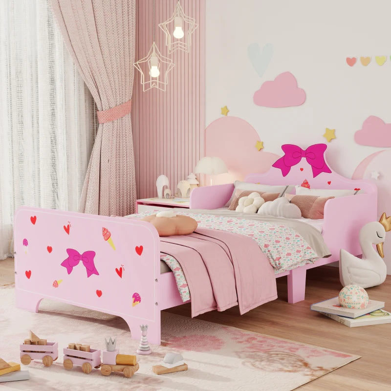 Princess-Themed Kids Toddler Bed w/ Cute Patterns, Safety Rails, for Ages 3-6 Years - Pink