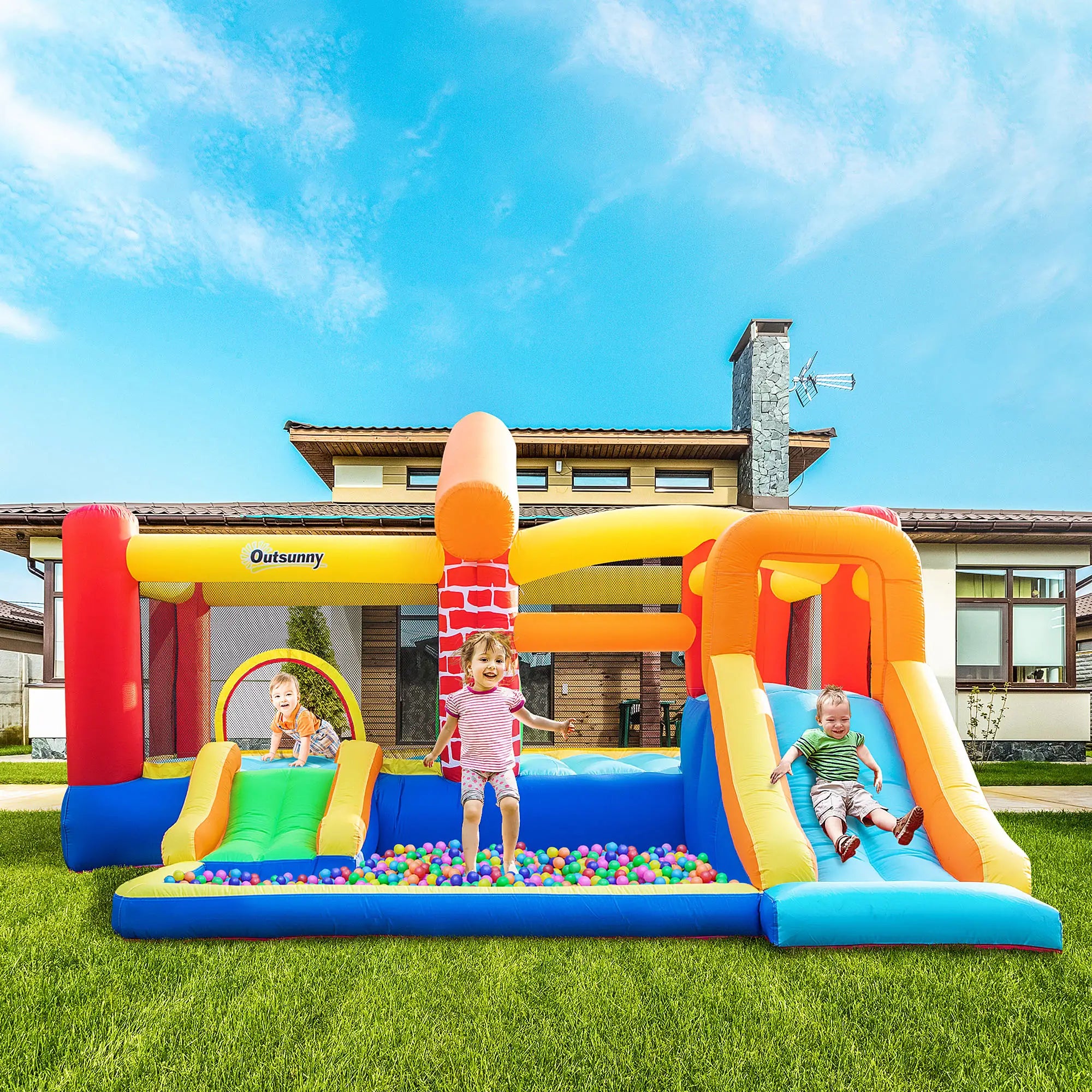 4 in 1 Kids Bouncy Castle Extra Large Double Slides & Trampoline Design Inflatable House Pool Climbing Wall with Blower Carrybag for Kids Age 3-8, 3.8 x 3.7 x 2.3m
