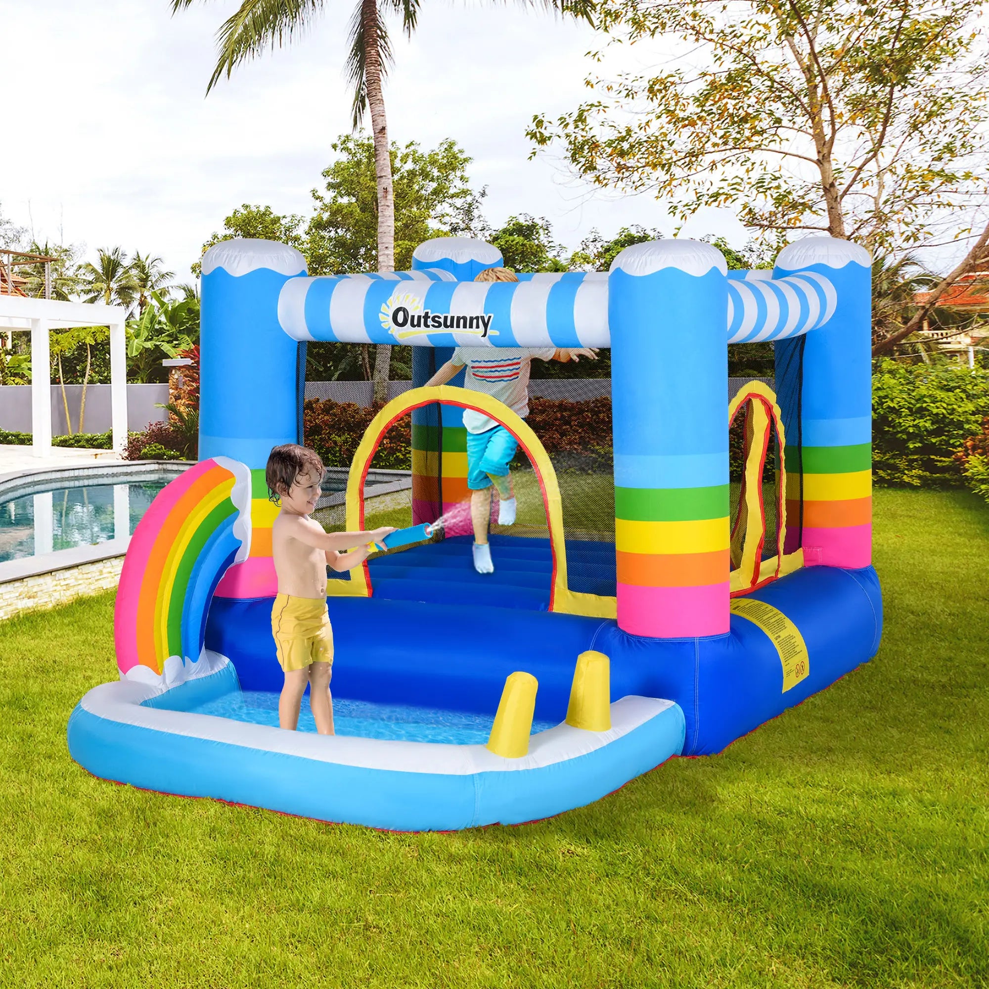 Kids Bounce Castle Inflatable House with Trampoline Pool Climbing Wall with Inflator Carrybag, 2.8 x 1.7 x 1.55m