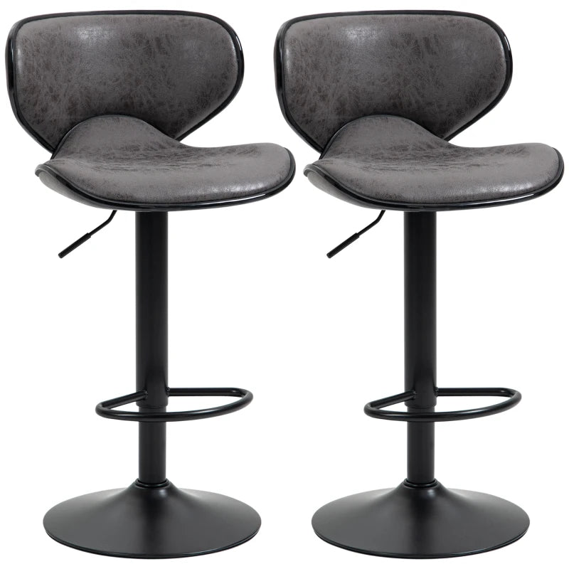 Adjustable Bar Stools Set of 2, Swivel Leathaire Upholstered Barstools with Large Seat, Breakfast Bar Chairs with Back, Footrest and Steel Base, Dark Grey